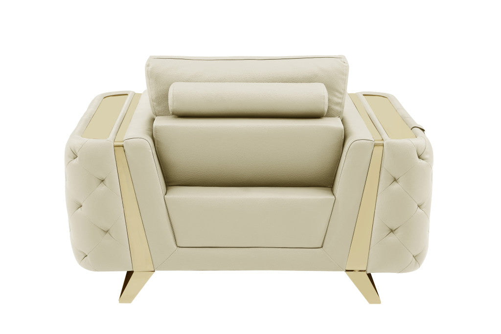 50" Beige And Gold Genuine Leather Tufted Club Chair - GreatEagleInc