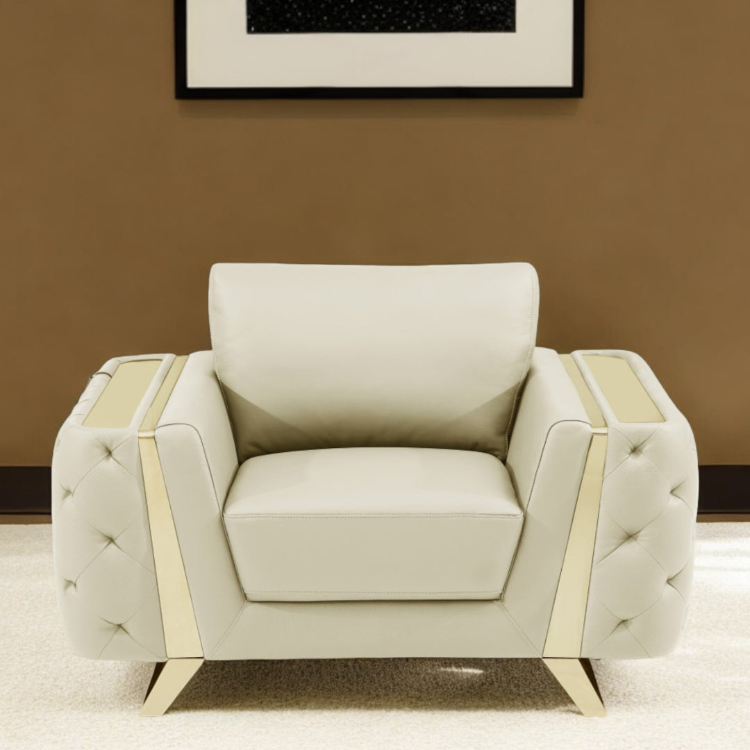 50" Beige And Gold Genuine Leather Tufted Club Chair - GreatEagleInc