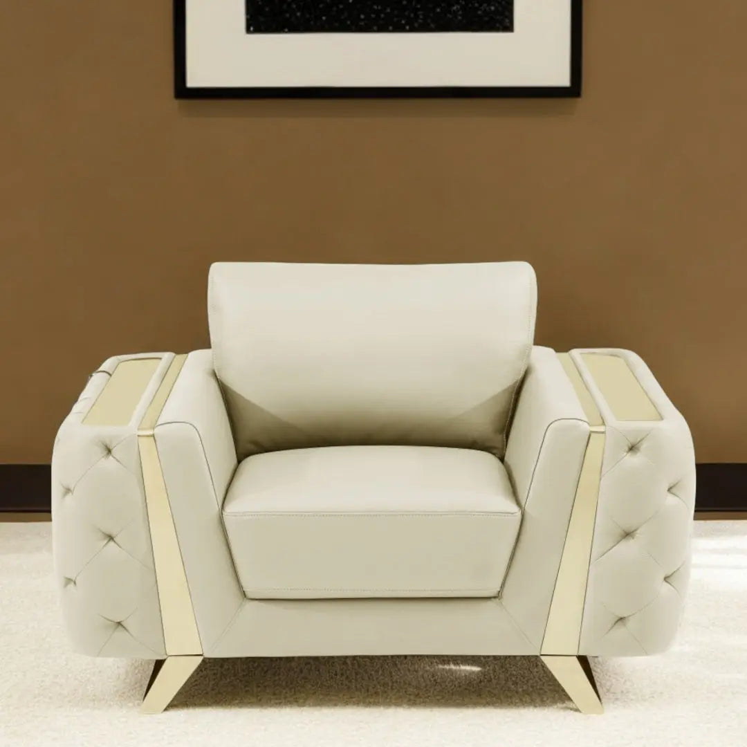 50" Beige And Gold Genuine Leather Tufted Club Chair - GreatEagleInc