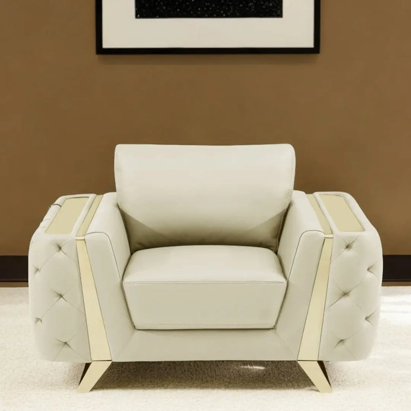 50" Beige And Gold Genuine Leather Tufted Club Chair - GreatEagleInc