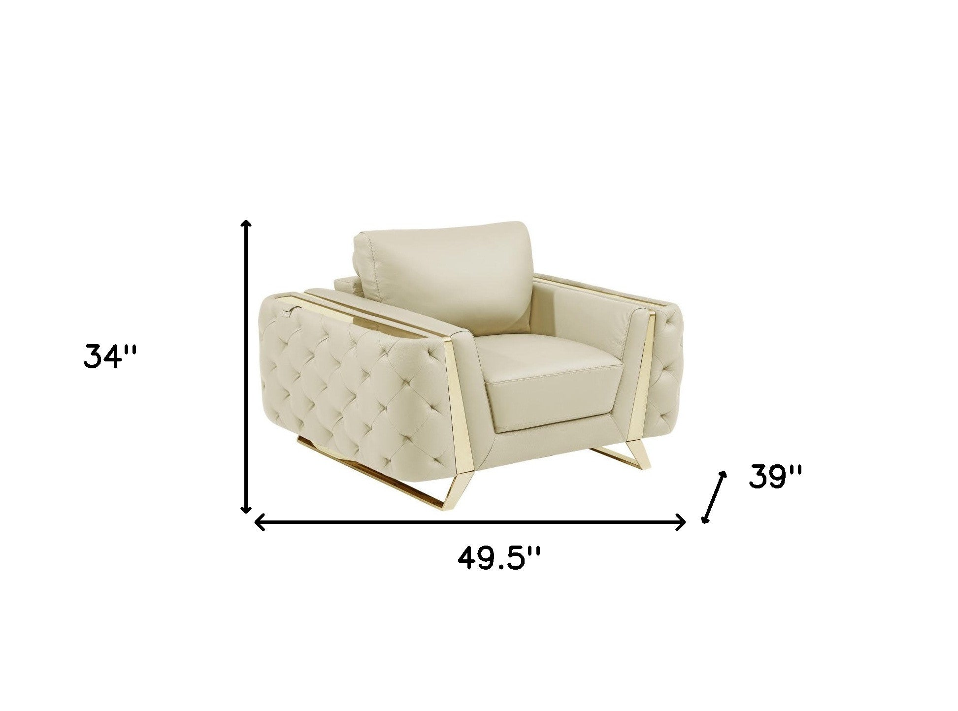 50" Beige And Gold Genuine Leather Tufted Club Chair - GreatEagleInc