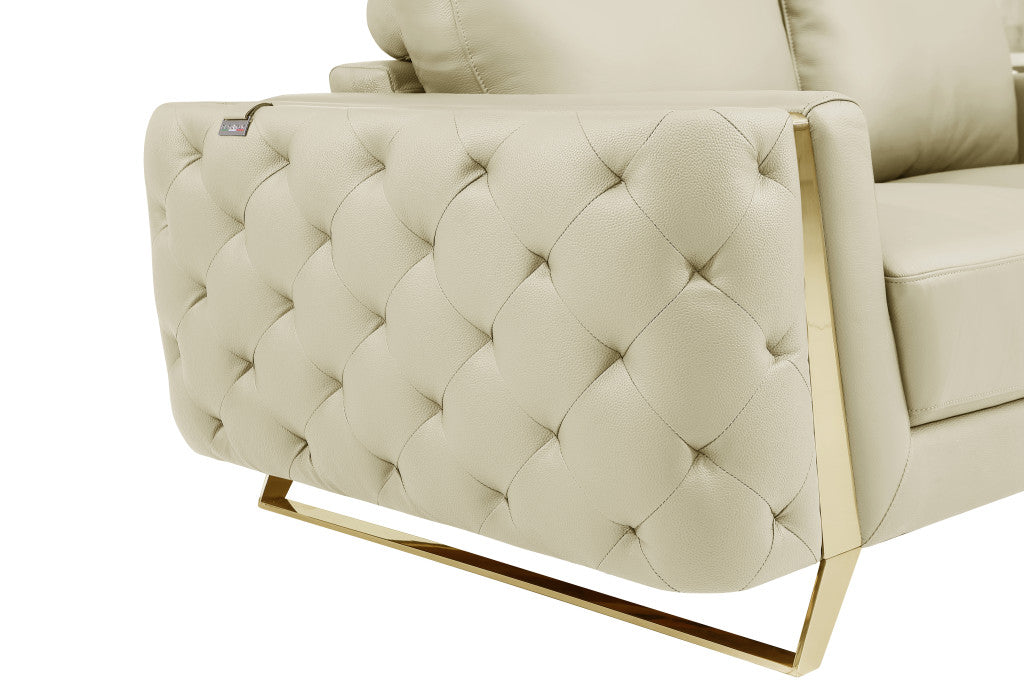 50" Beige And Gold Genuine Leather Tufted Club Chair - GreatEagleInc