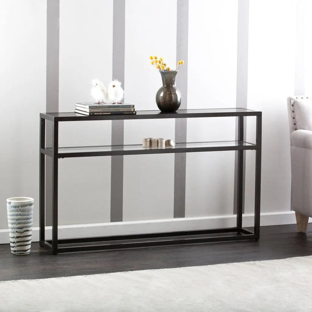 50" Black Glass Frame Console Table With Shelves Homeroots Living Room