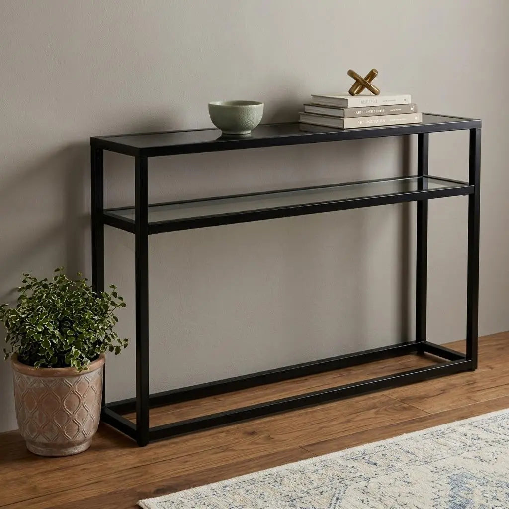 50" Black Glass Frame Console Table With Shelves Homeroots Living Room