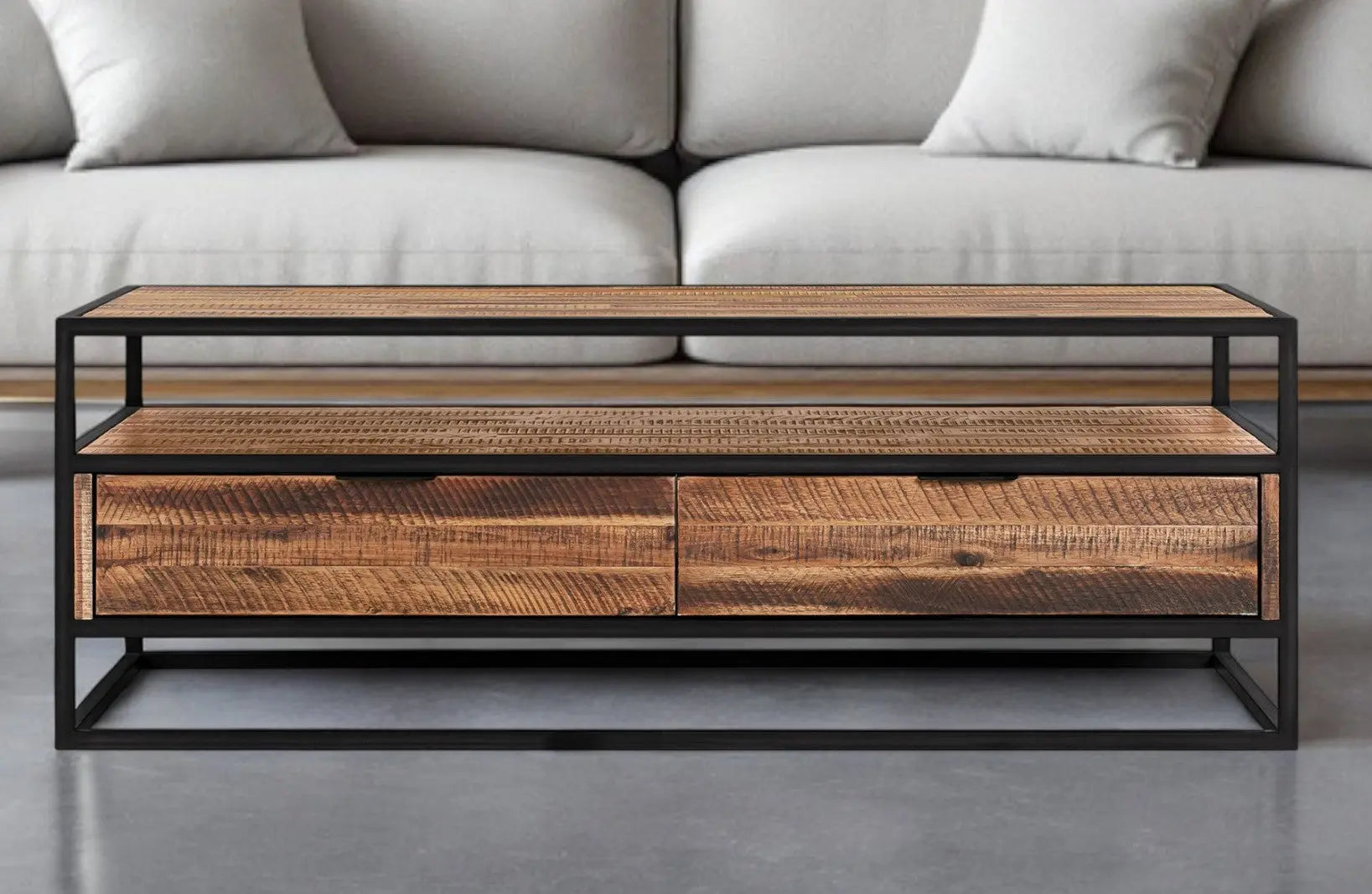 50" Brown And Black Solid Wood And Metal Coffee Table With Two Drawers And Shelf Homeroots Living Room