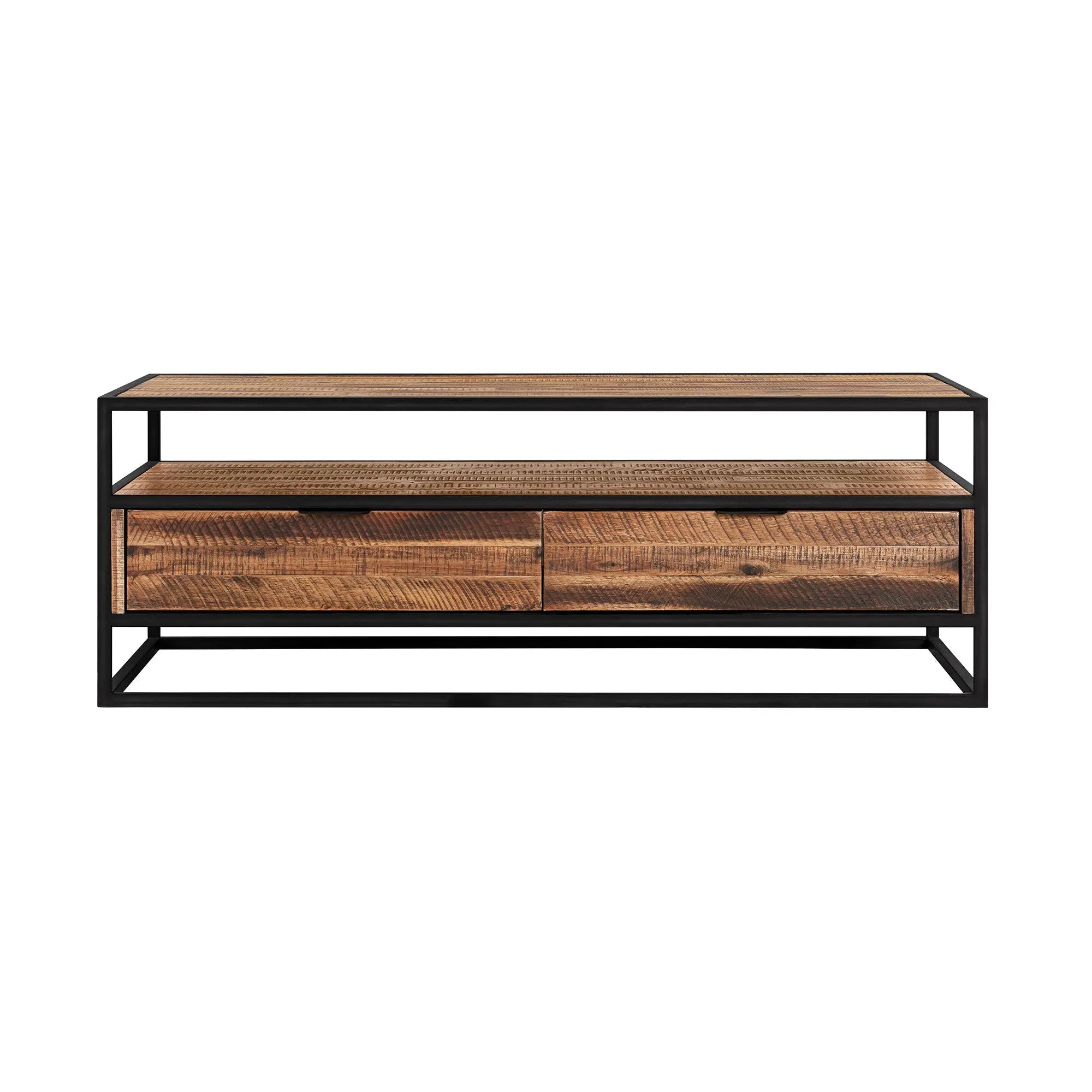 50" Brown And Black Solid Wood And Metal Coffee Table With Two Drawers And Shelf Homeroots Living Room