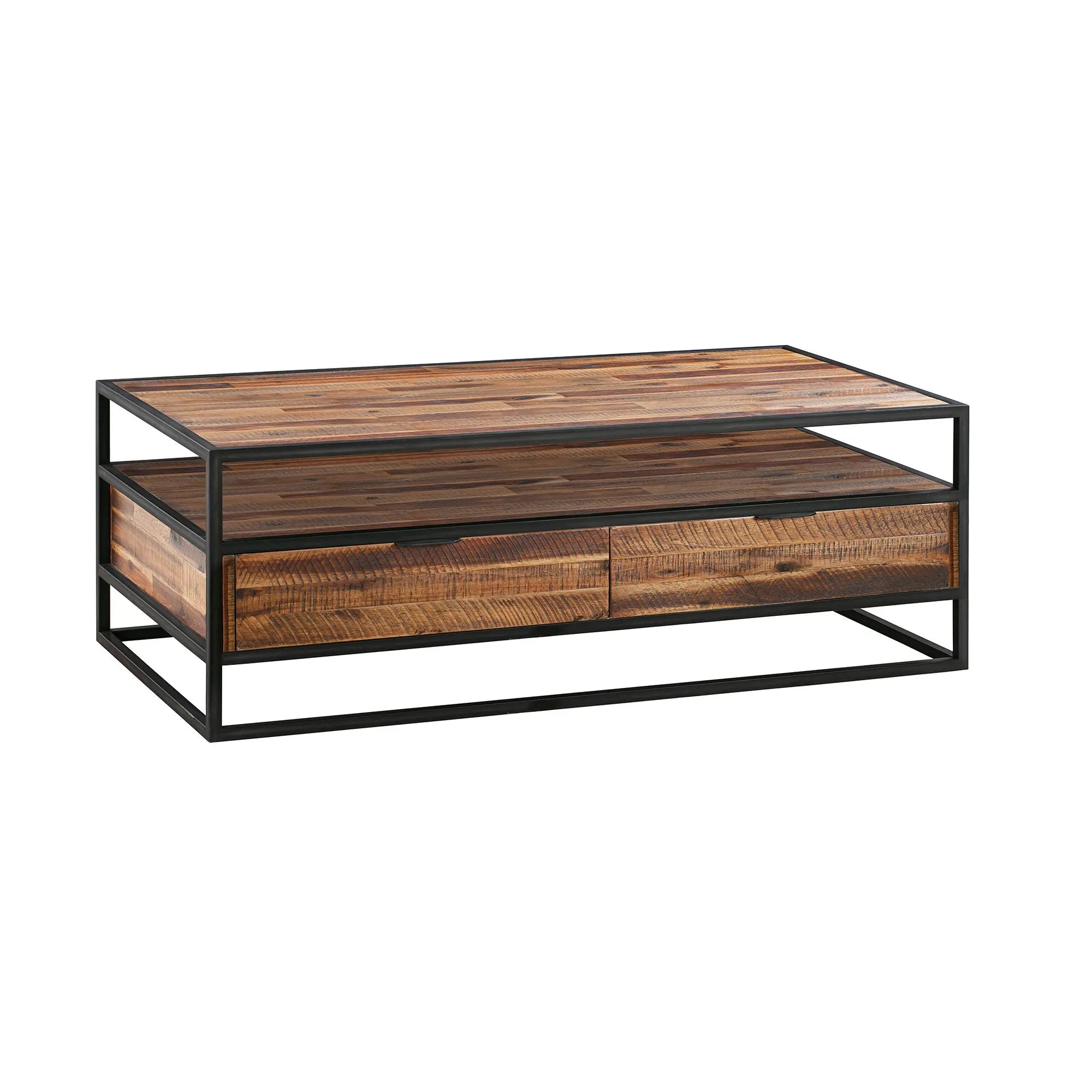 50" Brown And Black Solid Wood And Metal Coffee Table With Two Drawers And Shelf Homeroots Living Room