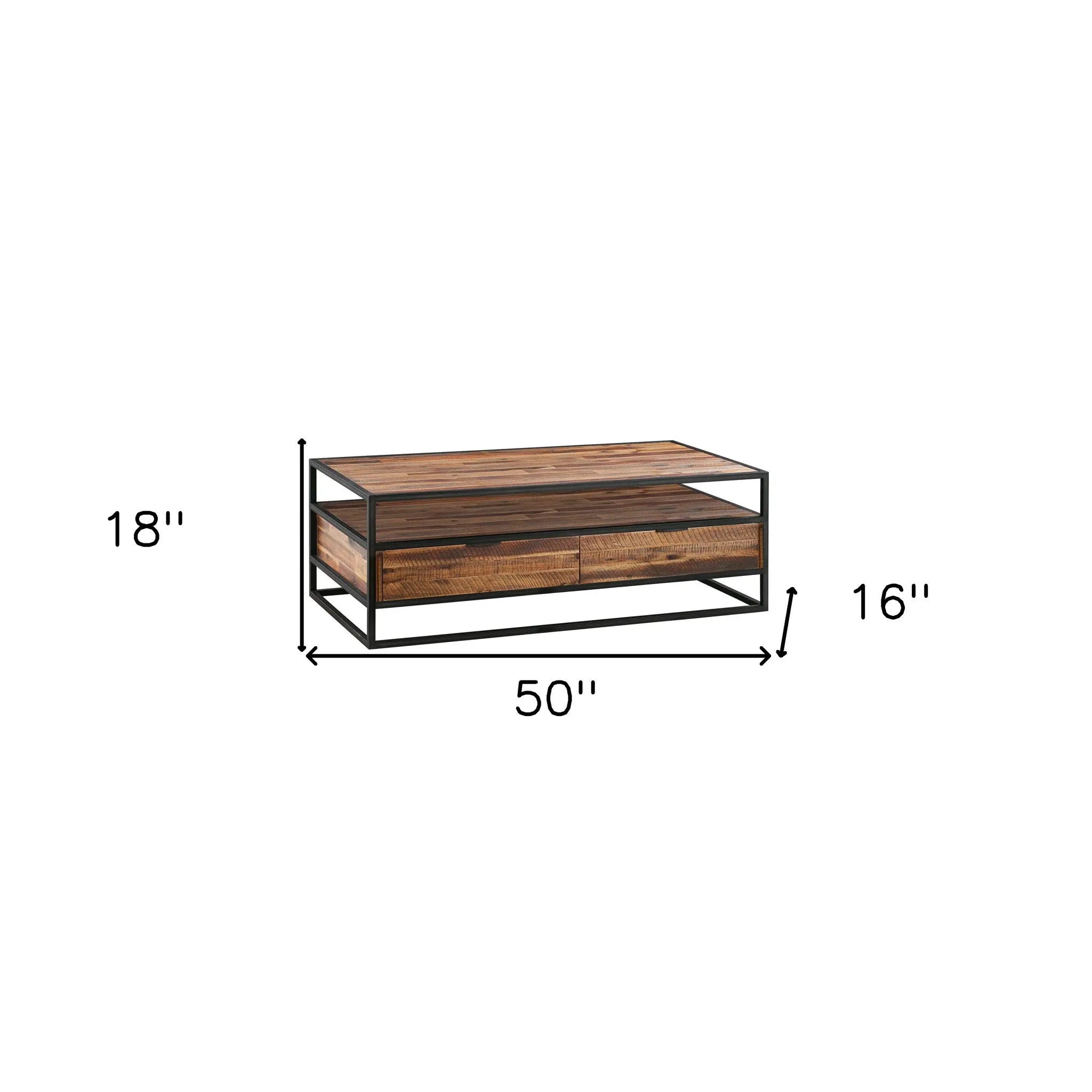 50" Brown And Black Solid Wood And Metal Coffee Table With Two Drawers And Shelf Homeroots Living Room