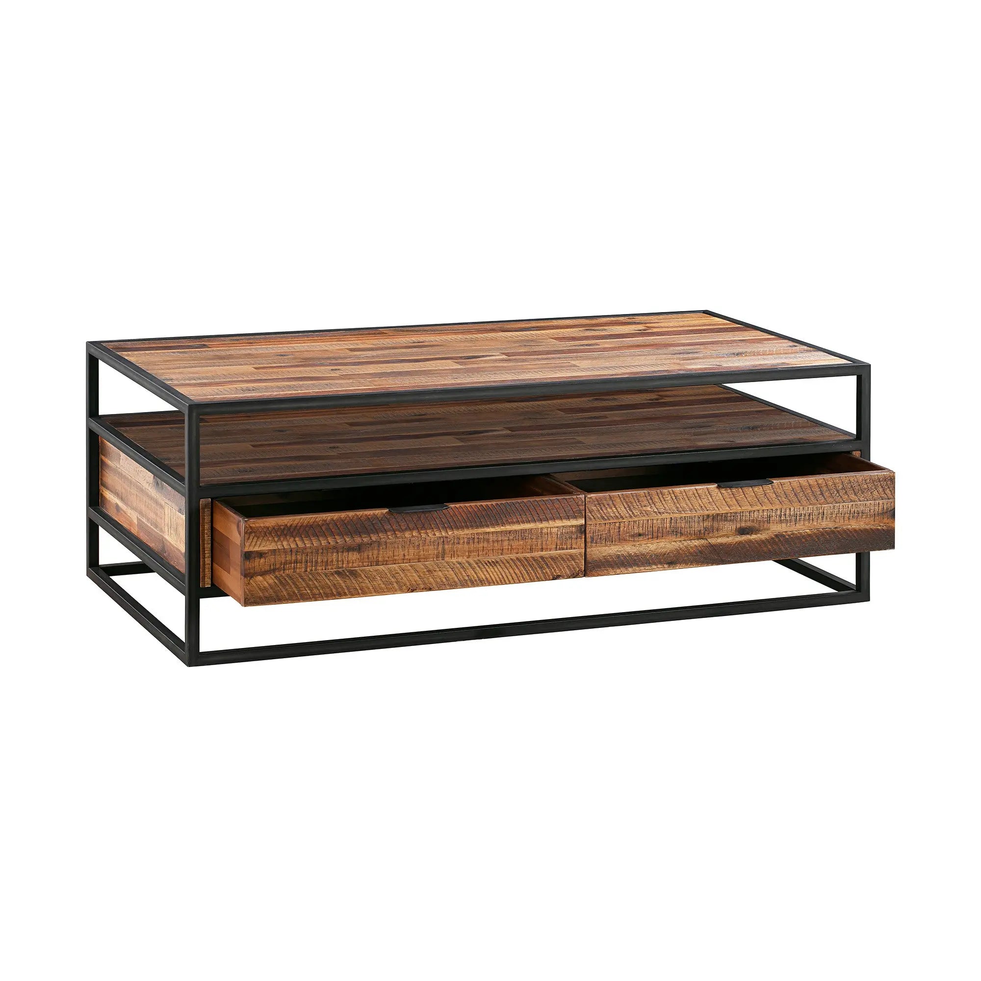 50" Brown And Black Solid Wood And Metal Coffee Table With Two Drawers And Shelf Homeroots Living Room