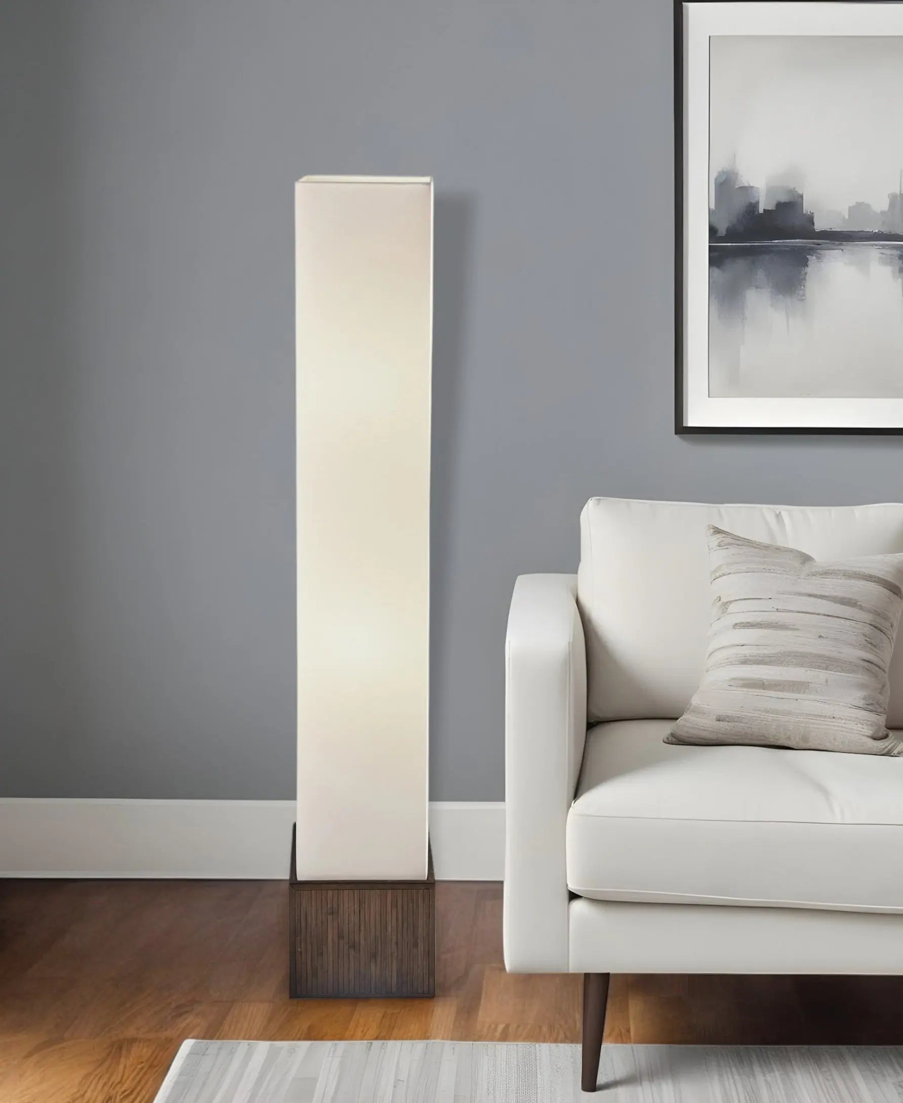 50" Brown And White Rattan Two Light Column Floor Lamp With White Fabric Shade - GreatEagleInc