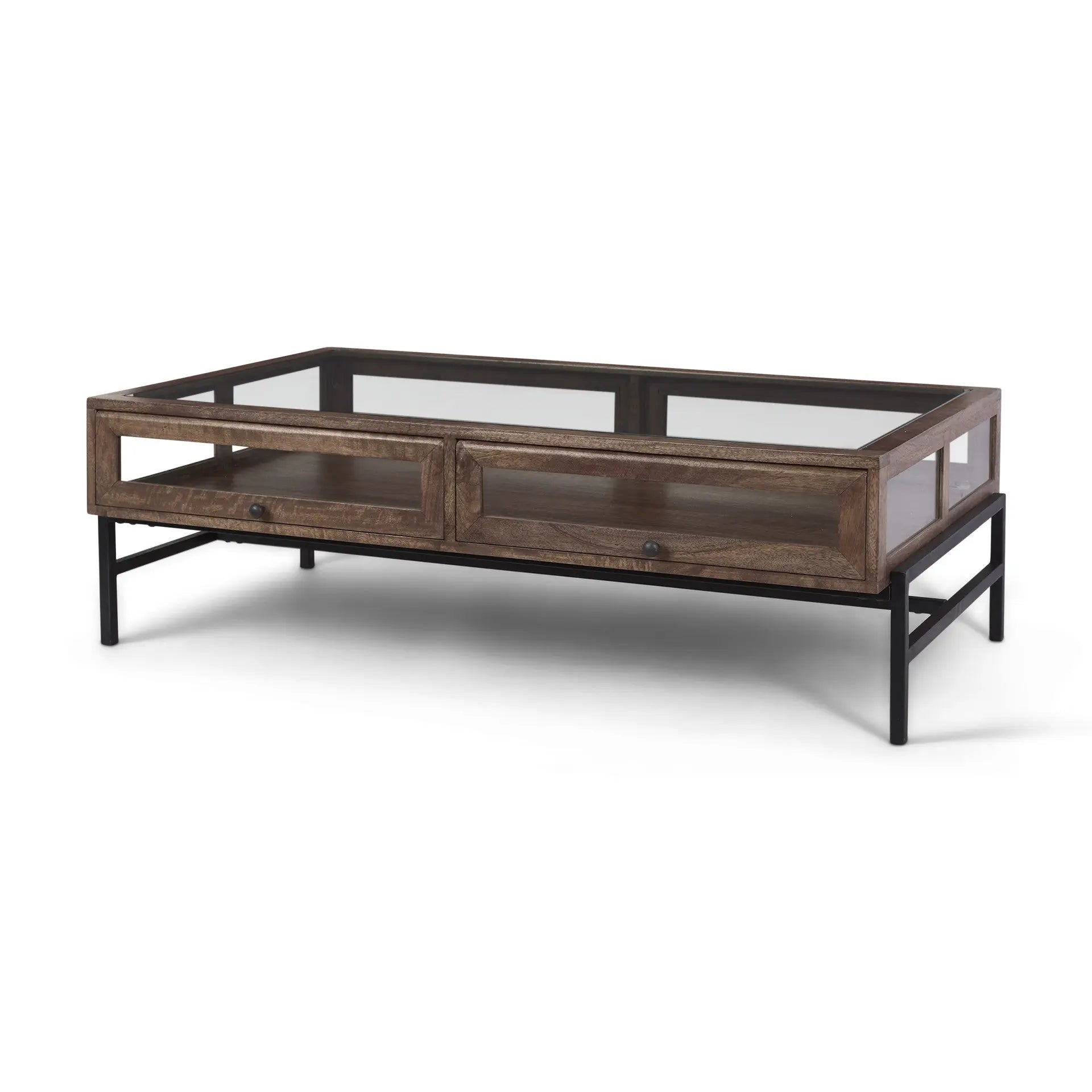50" Clear and Black Mirrored Glass and Iron Frame Coffee Table Homeroots Living Room