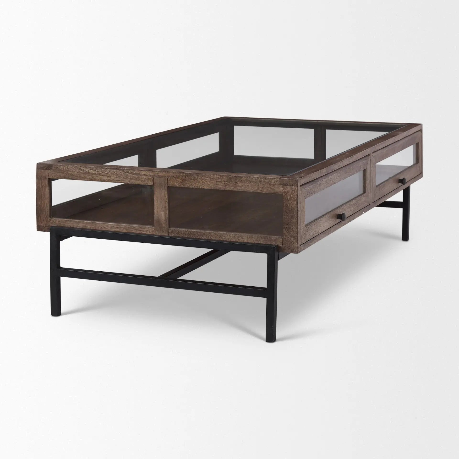 50" Clear and Black Mirrored Glass and Iron Frame Coffee Table Homeroots Living Room