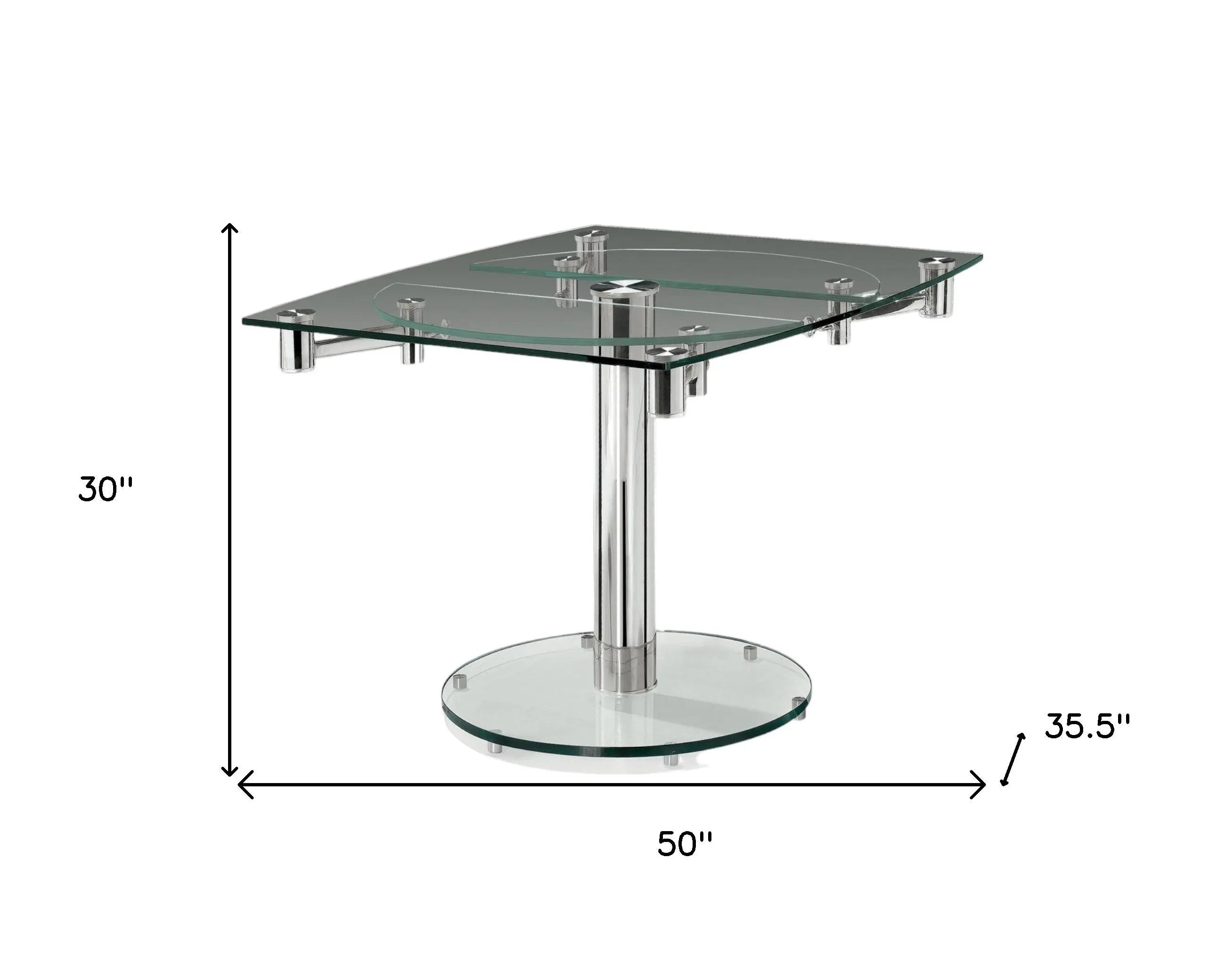 50" Clear and Silver Glass and Metal Self-Storing Leaf Pedestal Base Extendable Dining Table Homeroots Kitchen & Dining