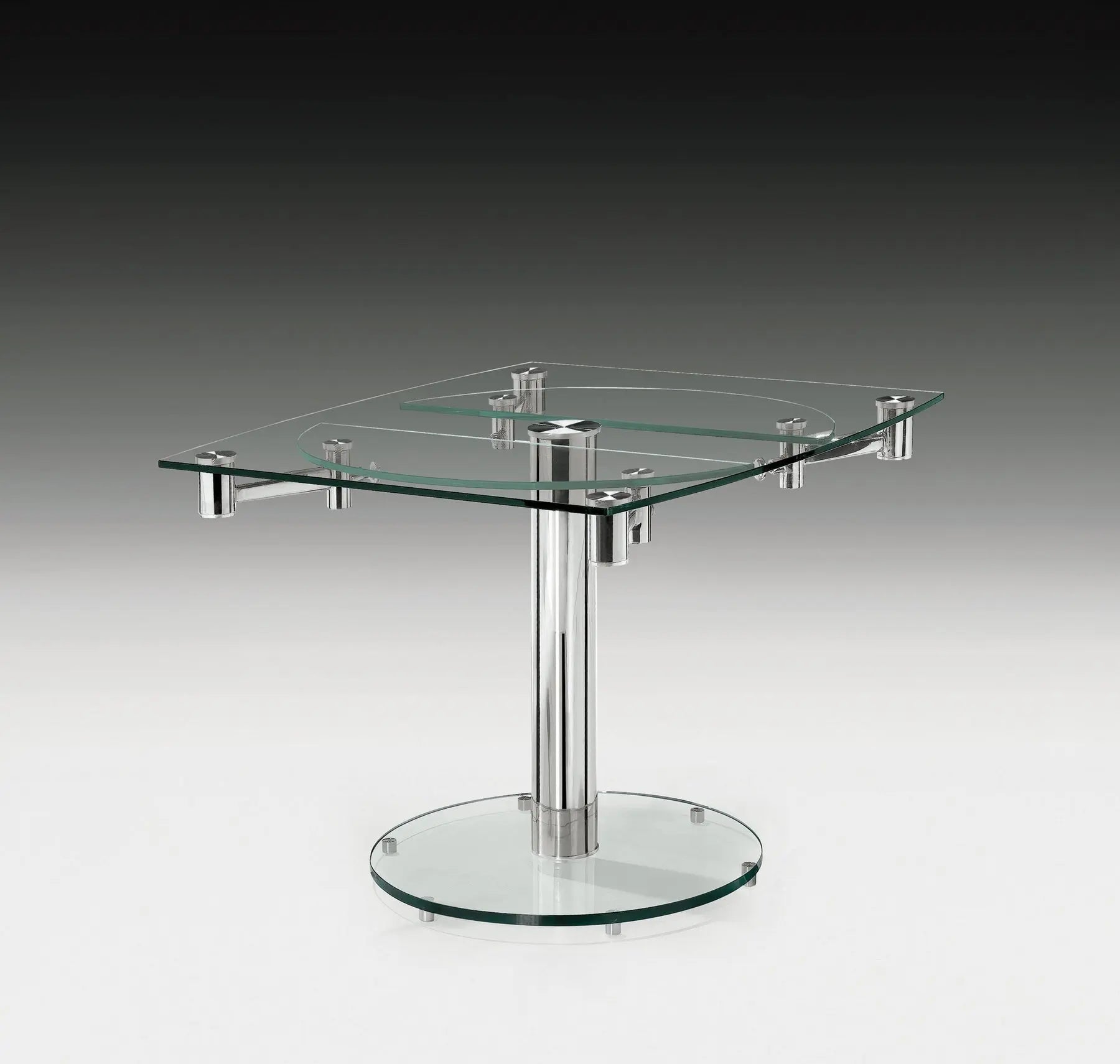 50" Clear and Silver Glass and Metal Self-Storing Leaf Pedestal Base Extendable Dining Table Homeroots Kitchen & Dining