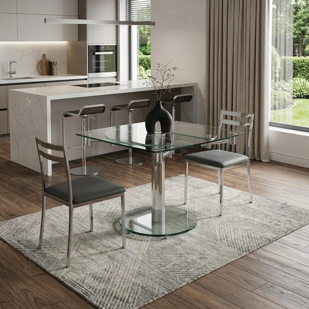 50" Clear and Silver Glass and Metal Self-Storing Leaf Pedestal Base Extendable Dining Table Homeroots Kitchen & Dining