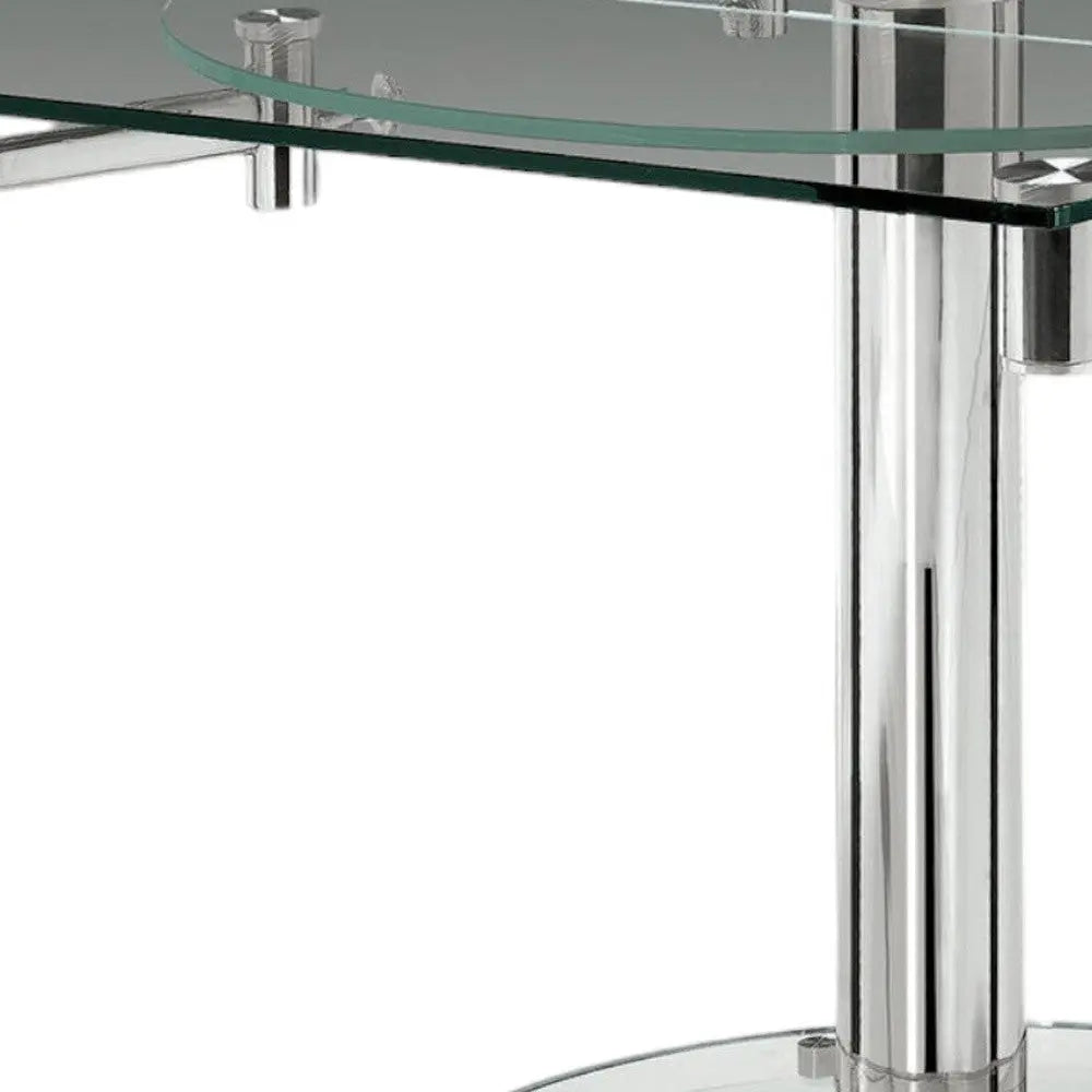 50" Clear and Silver Glass and Metal Self-Storing Leaf Pedestal Base Extendable Dining Table Homeroots Kitchen & Dining
