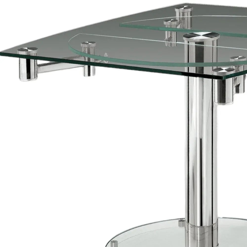 50" Clear and Silver Glass and Metal Self-Storing Leaf Pedestal Base Extendable Dining Table Homeroots Kitchen & Dining