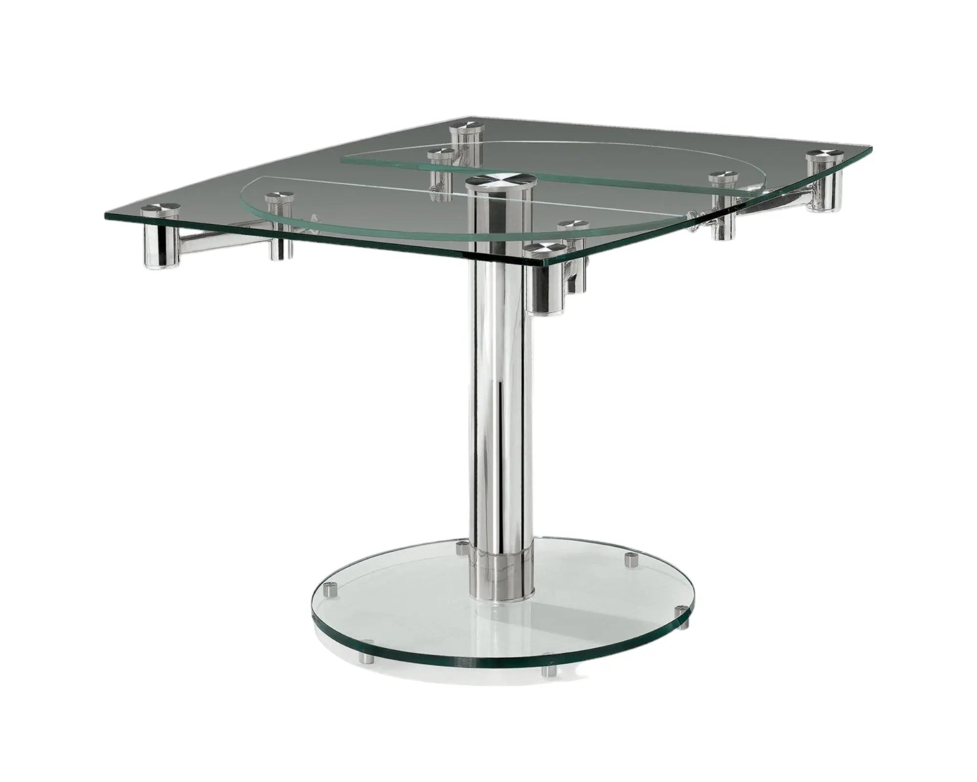 50" Clear and Silver Glass and Metal Self-Storing Leaf Pedestal Base Extendable Dining Table Homeroots Kitchen & Dining