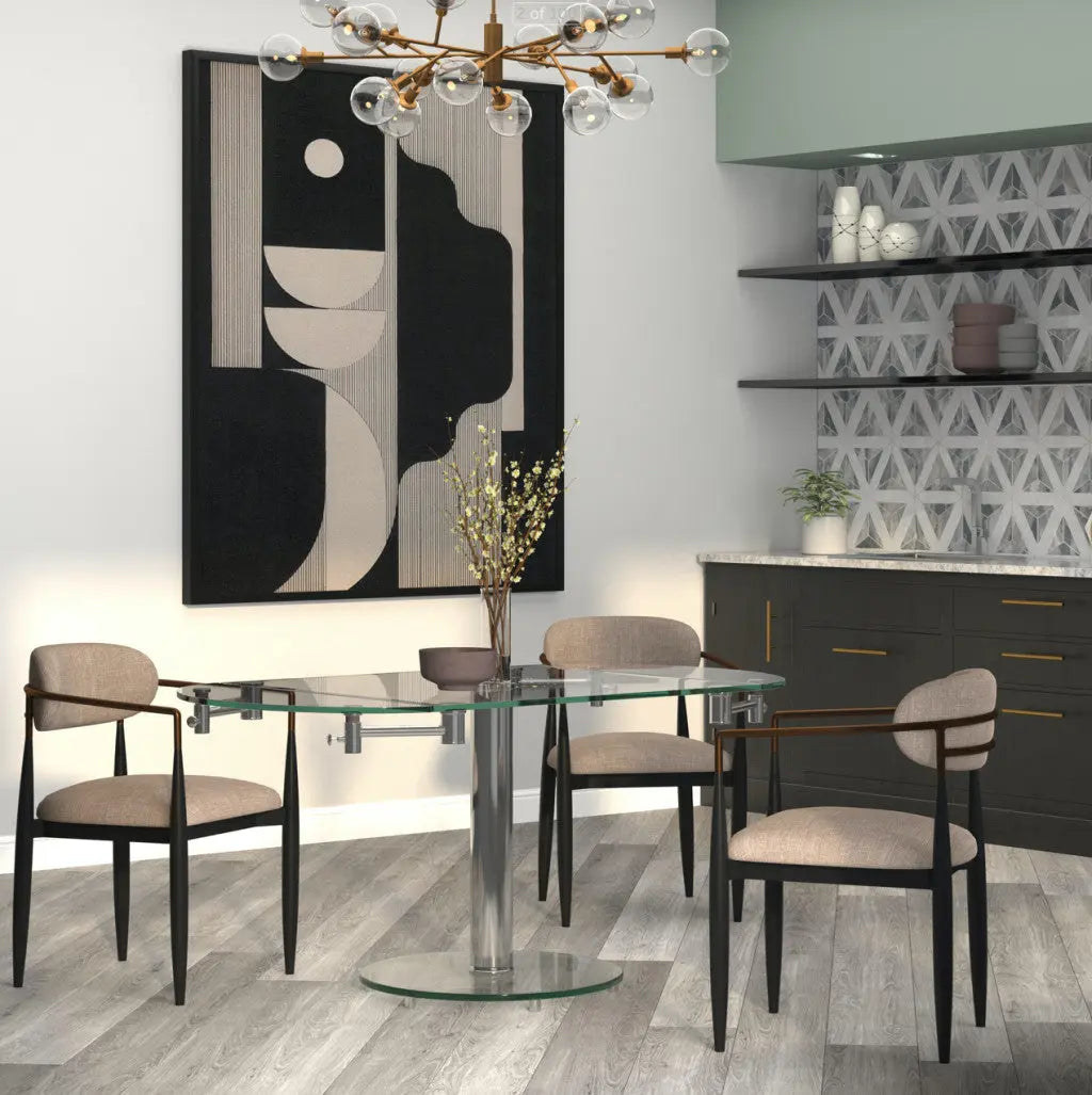 50" Clear and Silver Glass and Metal Self-Storing Leaf Pedestal Base Extendable Dining Table Homeroots Kitchen & Dining