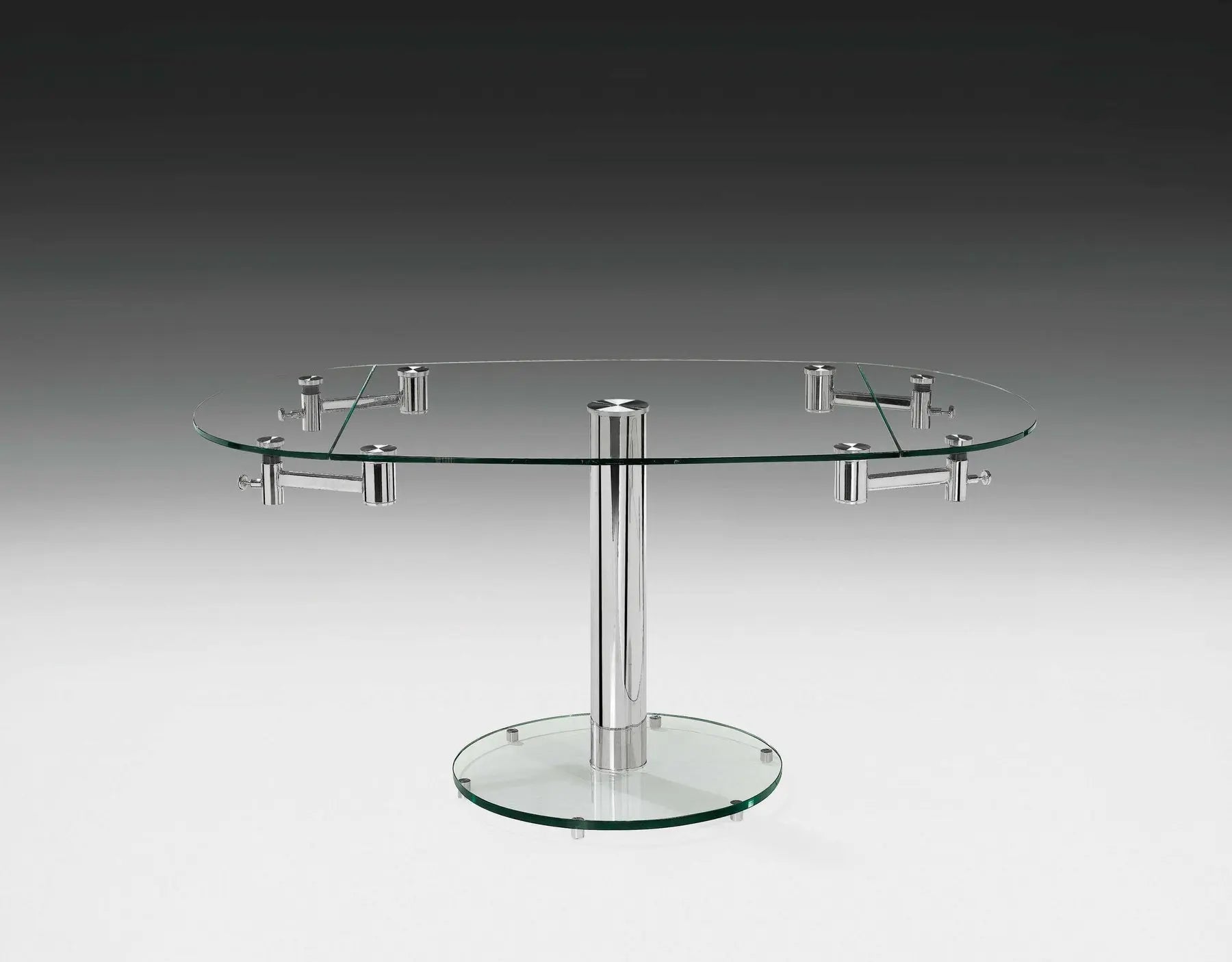 50" Clear and Silver Glass and Metal Self-Storing Leaf Pedestal Base Extendable Dining Table Homeroots Kitchen & Dining