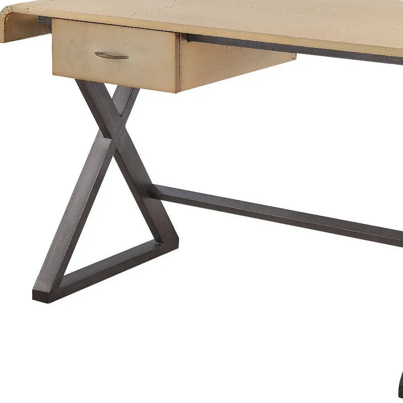 Modern wooden desk with a sleek light wood finish, metal X-frame legs, and a single storage drawer.