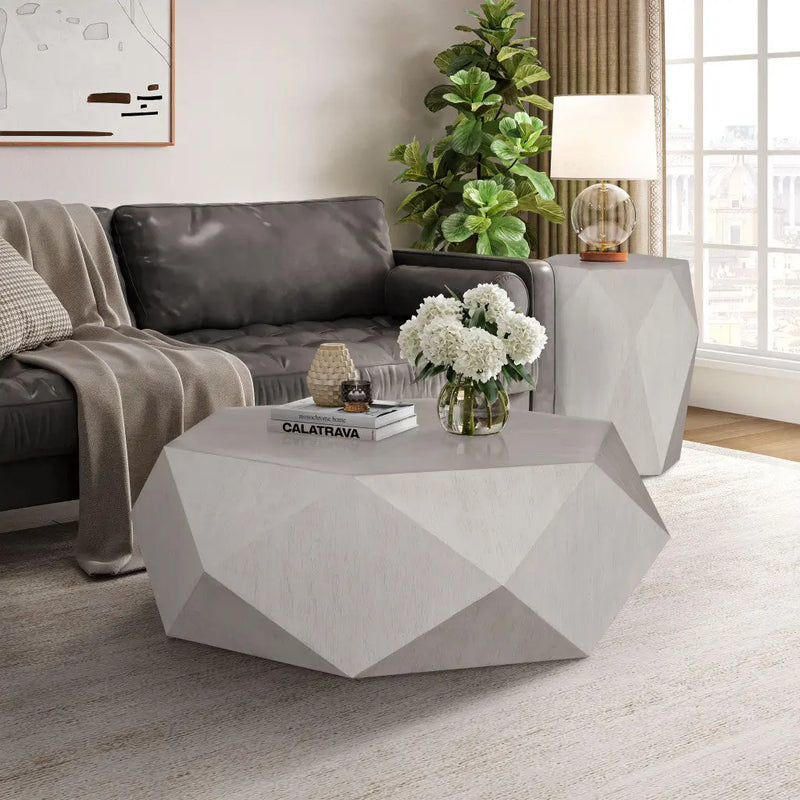 50" Gray Wood Hexagon Distressed Block Coffee Table Homeroots Living Room