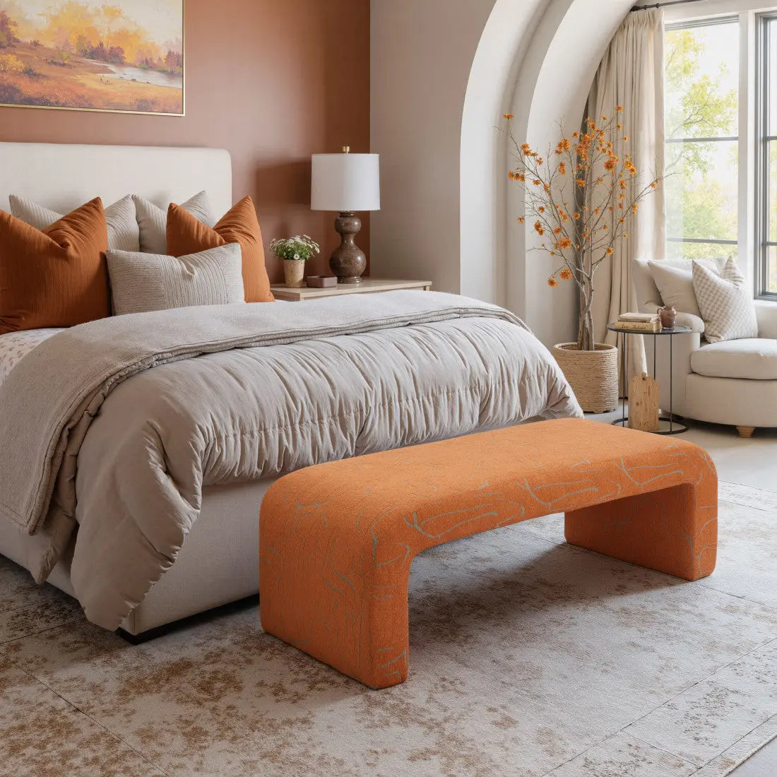 50" Orange Fabric and Plastic Upholstered Bench Homeroots Living Room