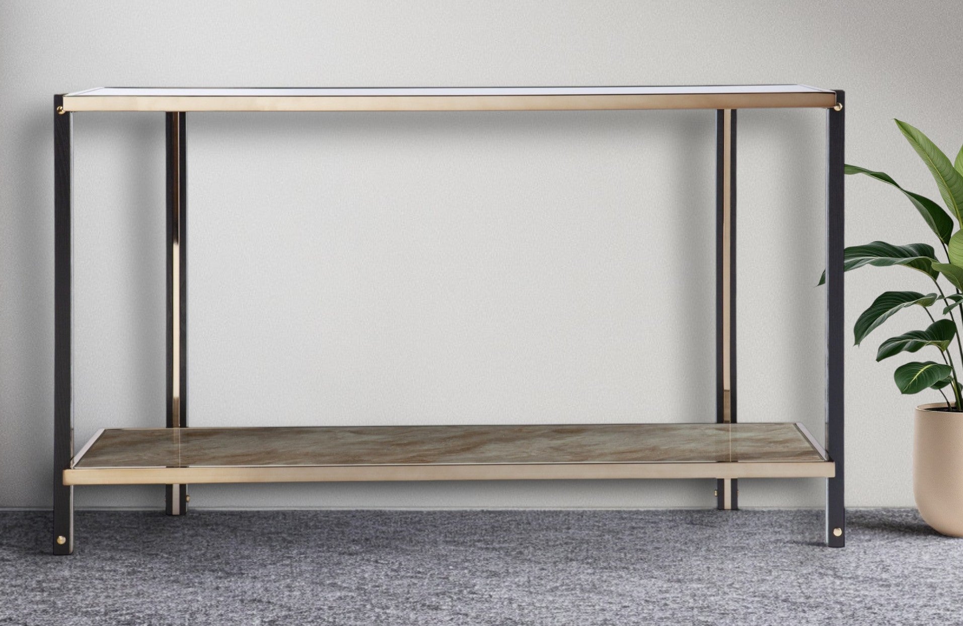 50" Smoky Black and Champagne Mirrored Glass Console Table With Shelf Homeroots Living Room
