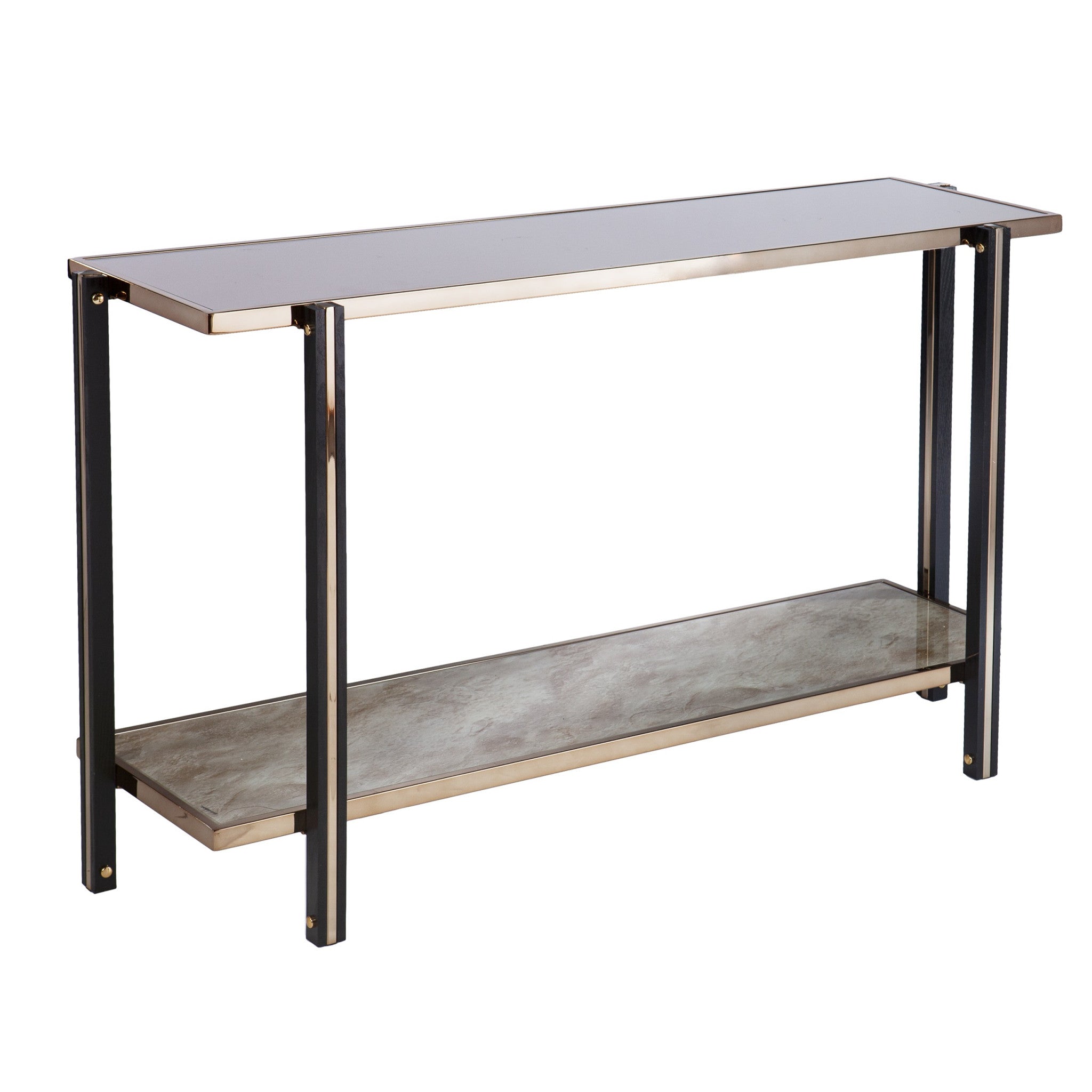 50" Smoky Black and Champagne Mirrored Glass Console Table With Shelf Homeroots Living Room