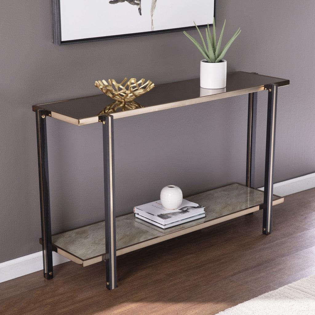 50" Smoky Black and Champagne Mirrored Glass Console Table With Shelf Homeroots Living Room