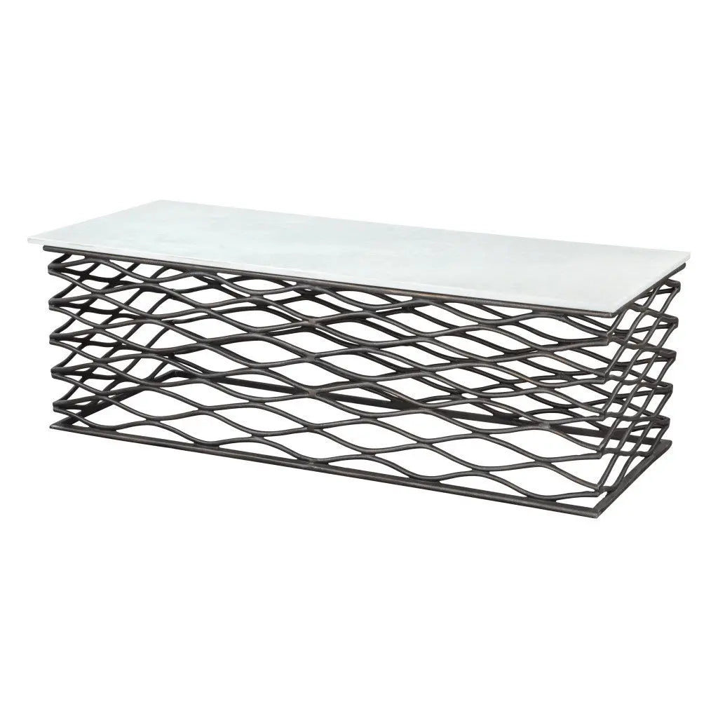 50" White and Antiqued Bronze Genuine Marble and Aluminum Abstract Coffee Table Homeroots Living Room