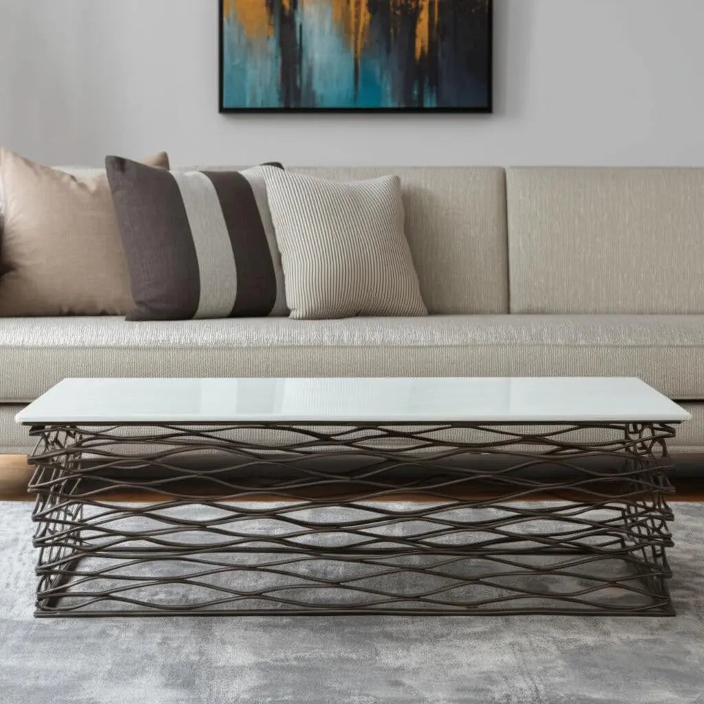 50" White and Antiqued Bronze Genuine Marble and Aluminum Abstract Coffee Table Homeroots Living Room