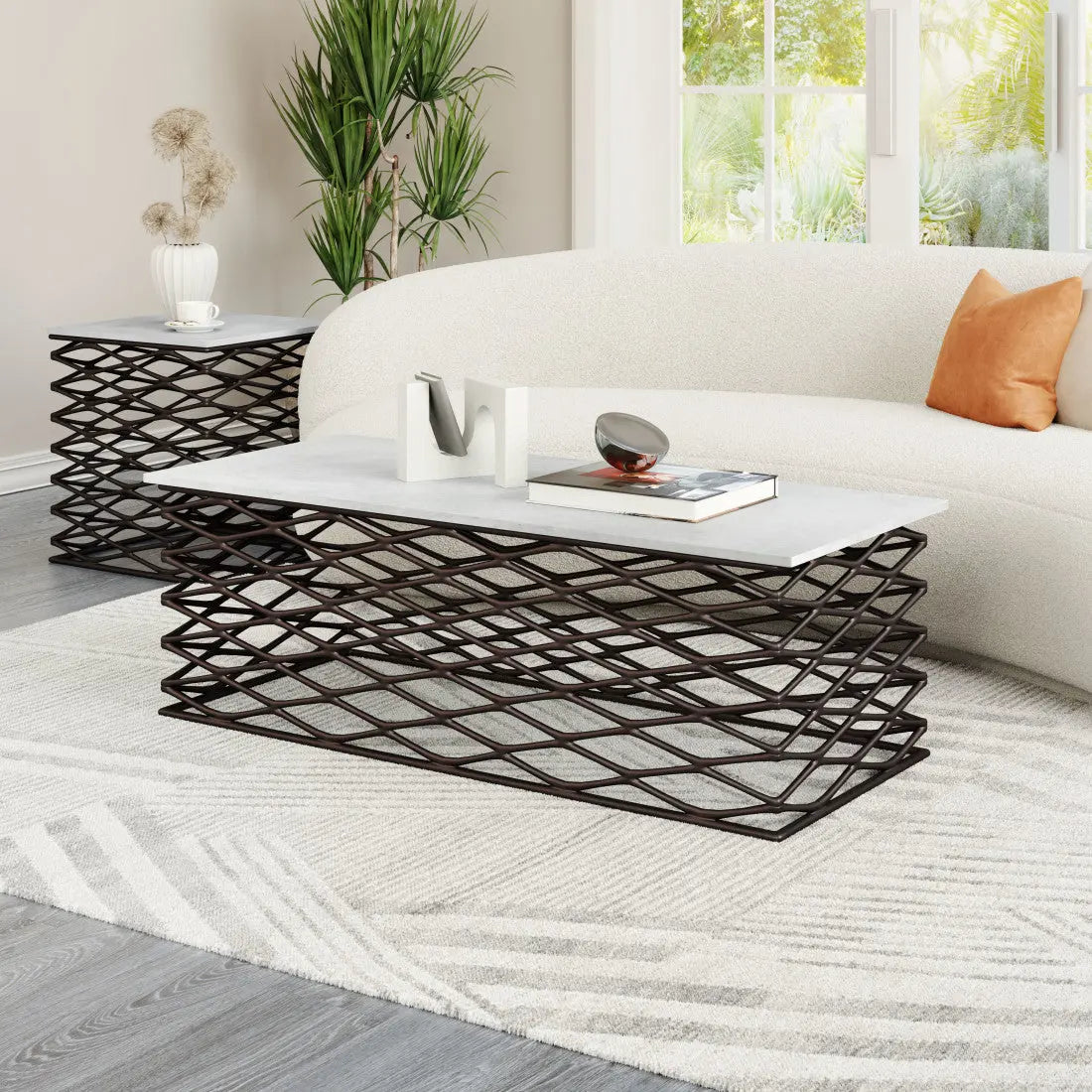50" White and Antiqued Bronze Genuine Marble and Aluminum Abstract Coffee Table Homeroots Living Room