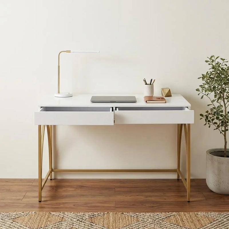 50" White and Gold Writing Desk With Two Drawers Homeroots Office