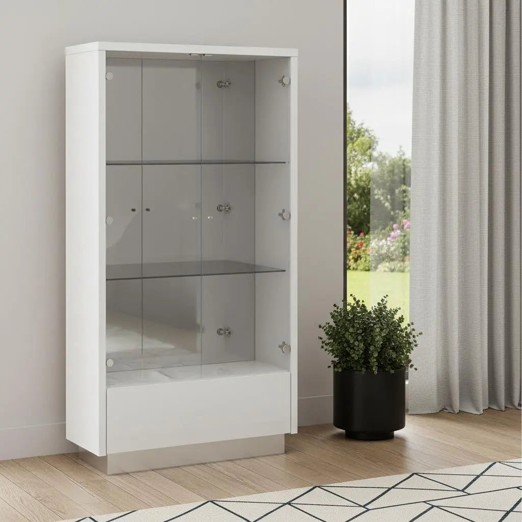 50" White and Silver Wood Curio Cabinet With Two Doors And One Drawer Homeroots Kitchen & Dining