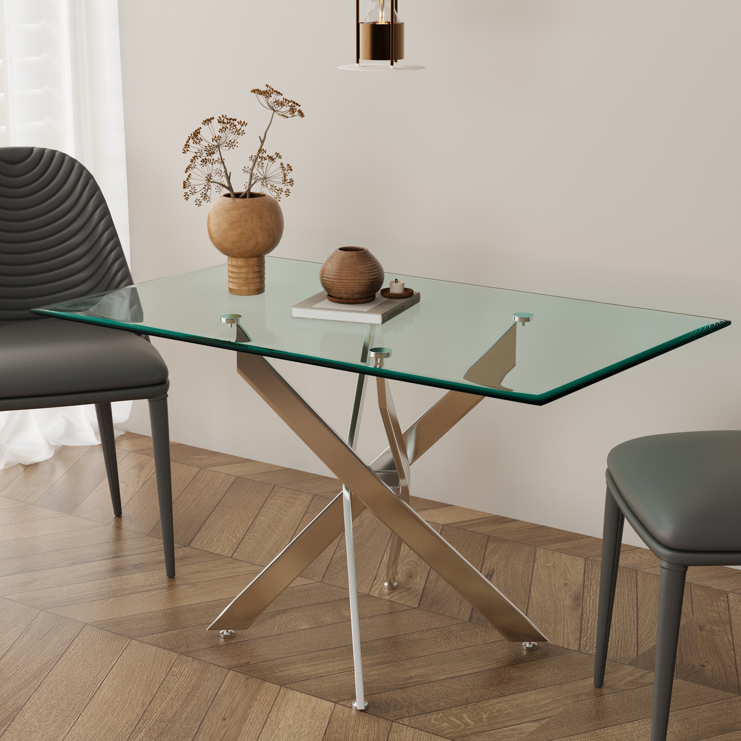 51" Clear And Silver Glass And Metal Trestle Base Dining Table - GreatEagleInc