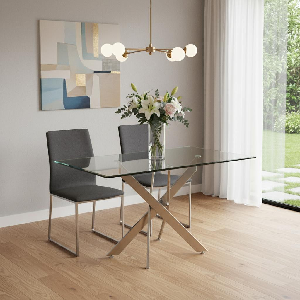51" Clear And Silver Glass And Metal Trestle Base Dining Table - GreatEagleInc