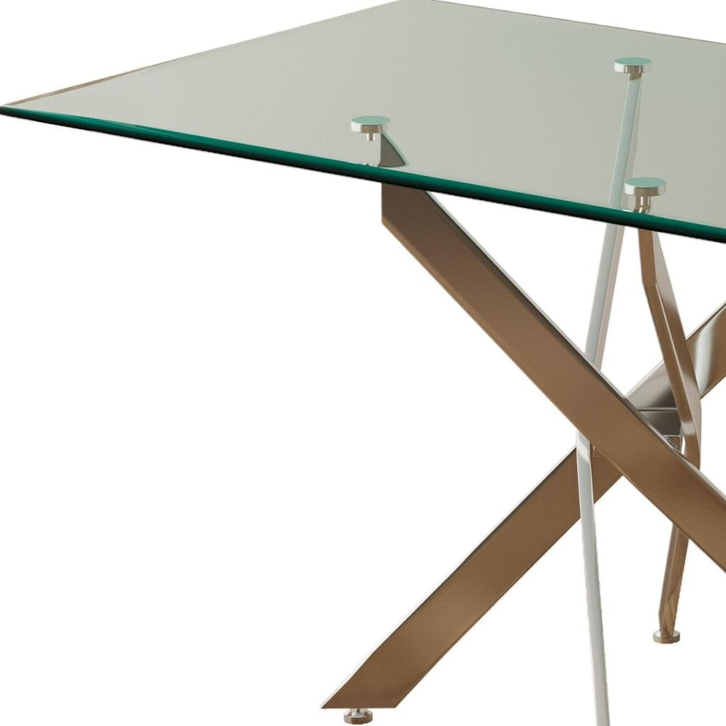 51" Clear And Silver Glass And Metal Trestle Base Dining Table - GreatEagleInc