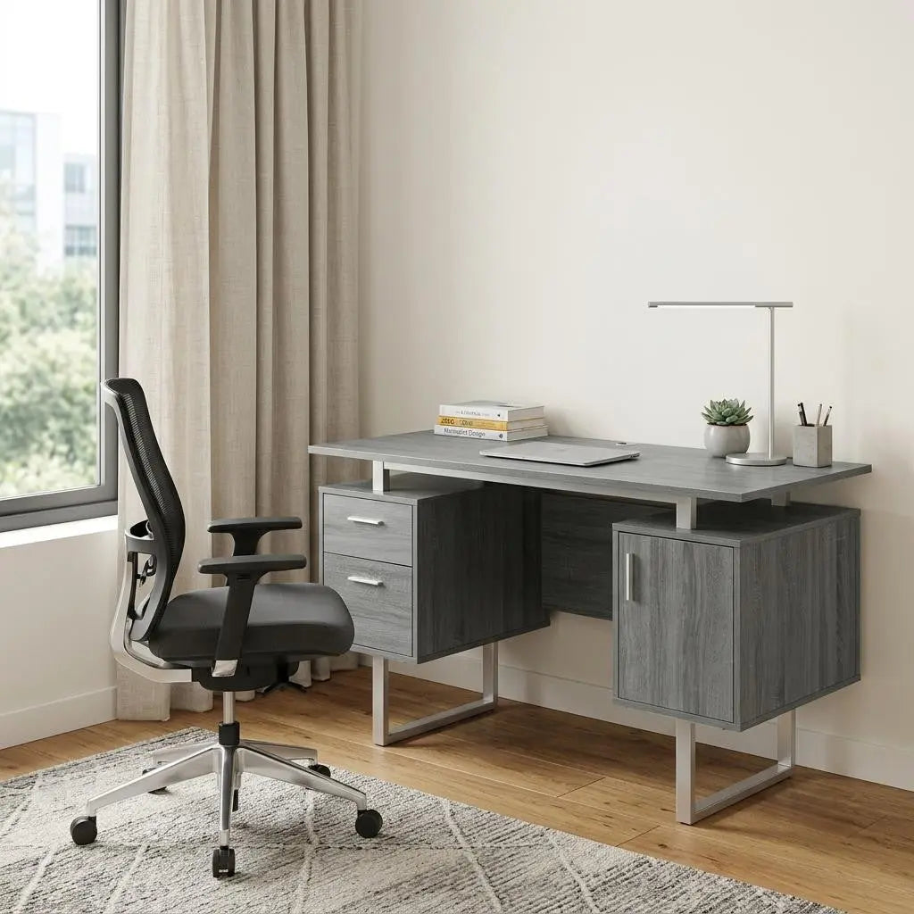 51" Gray and Silver Wood and Steel Pedestal Executive Desk With Two Drawers Homeroots Office