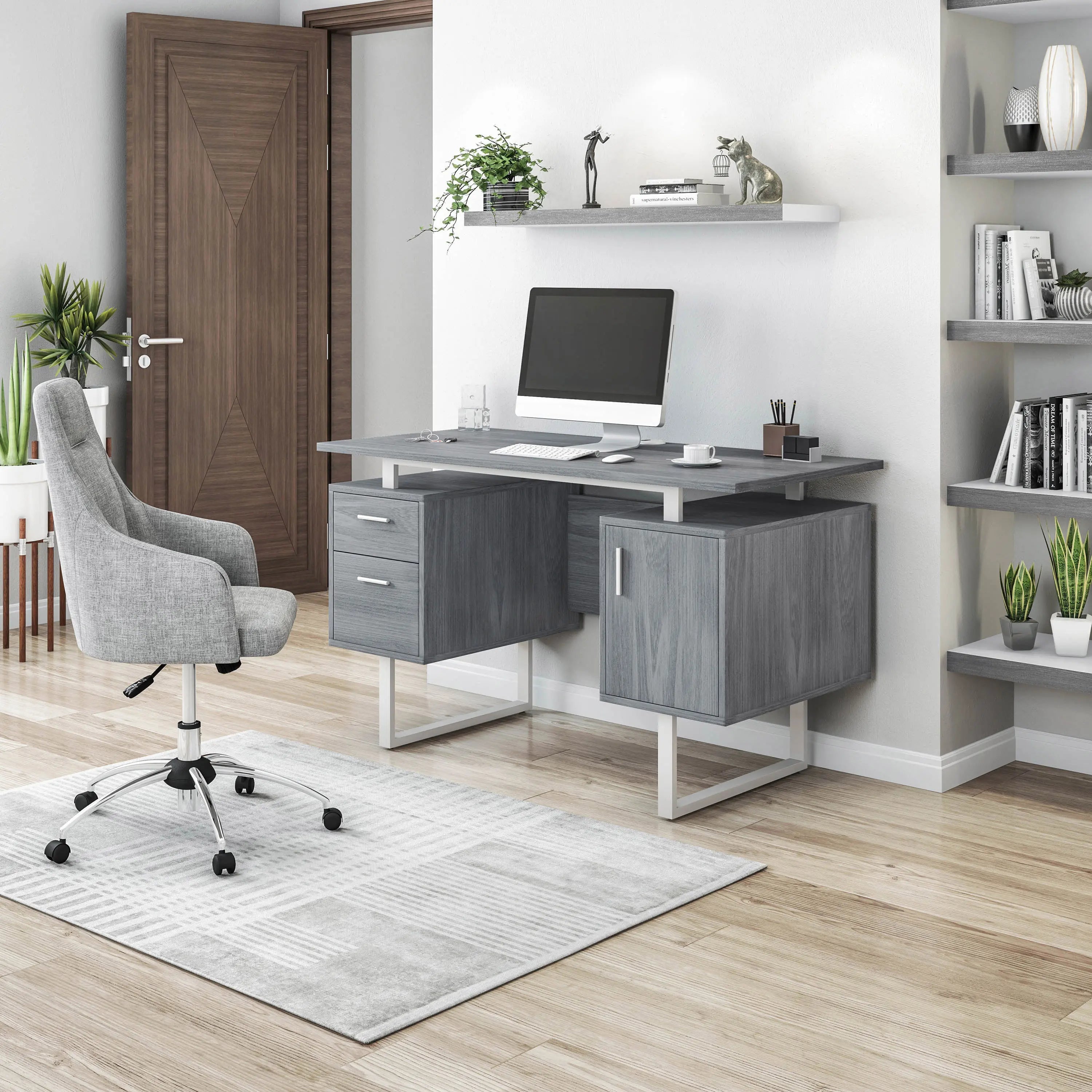 51" Gray and Silver Wood and Steel Pedestal Executive Desk With Two Drawers Homeroots Office