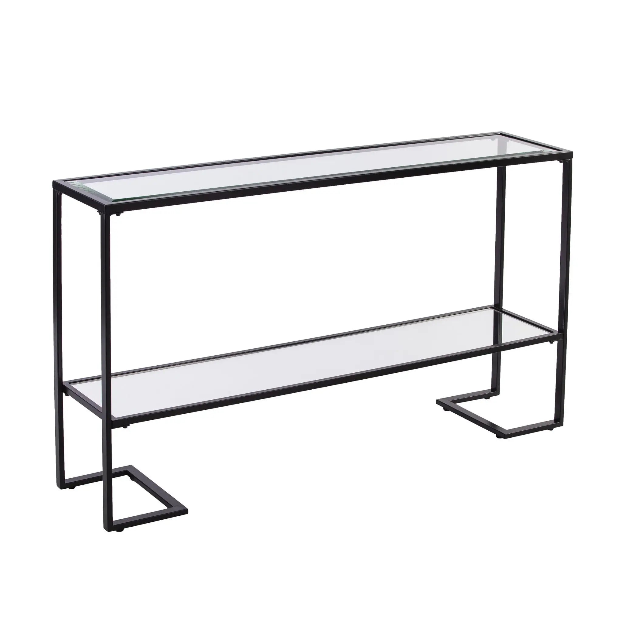 52" Clear and Black Glass Mirrored Sled Console Table With Shelves Homeroots Living Room