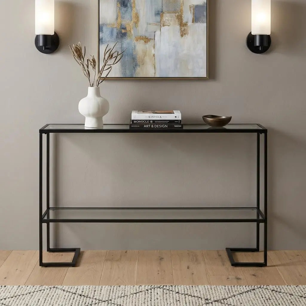 52" Clear and Black Glass Mirrored Sled Console Table With Shelves Homeroots Living Room