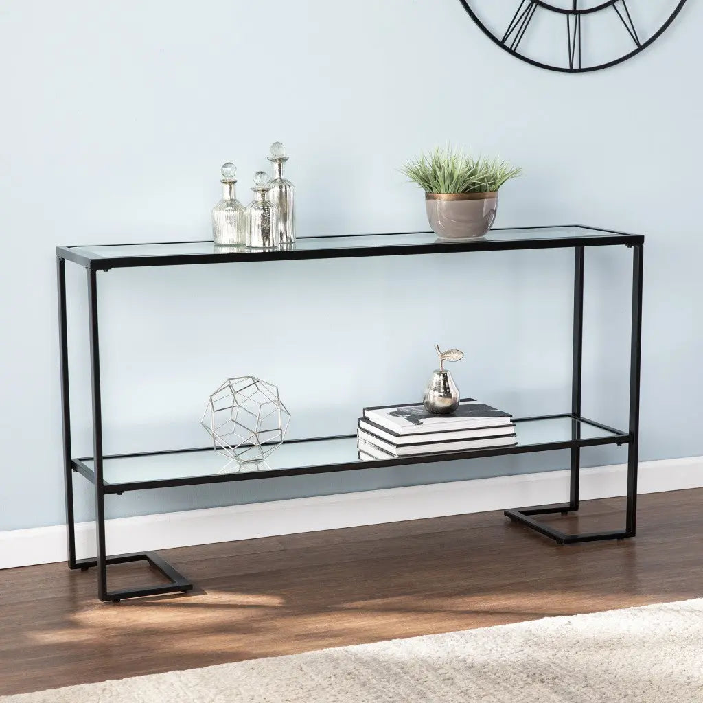 52" Clear and Black Glass Mirrored Sled Console Table With Shelves Homeroots Living Room