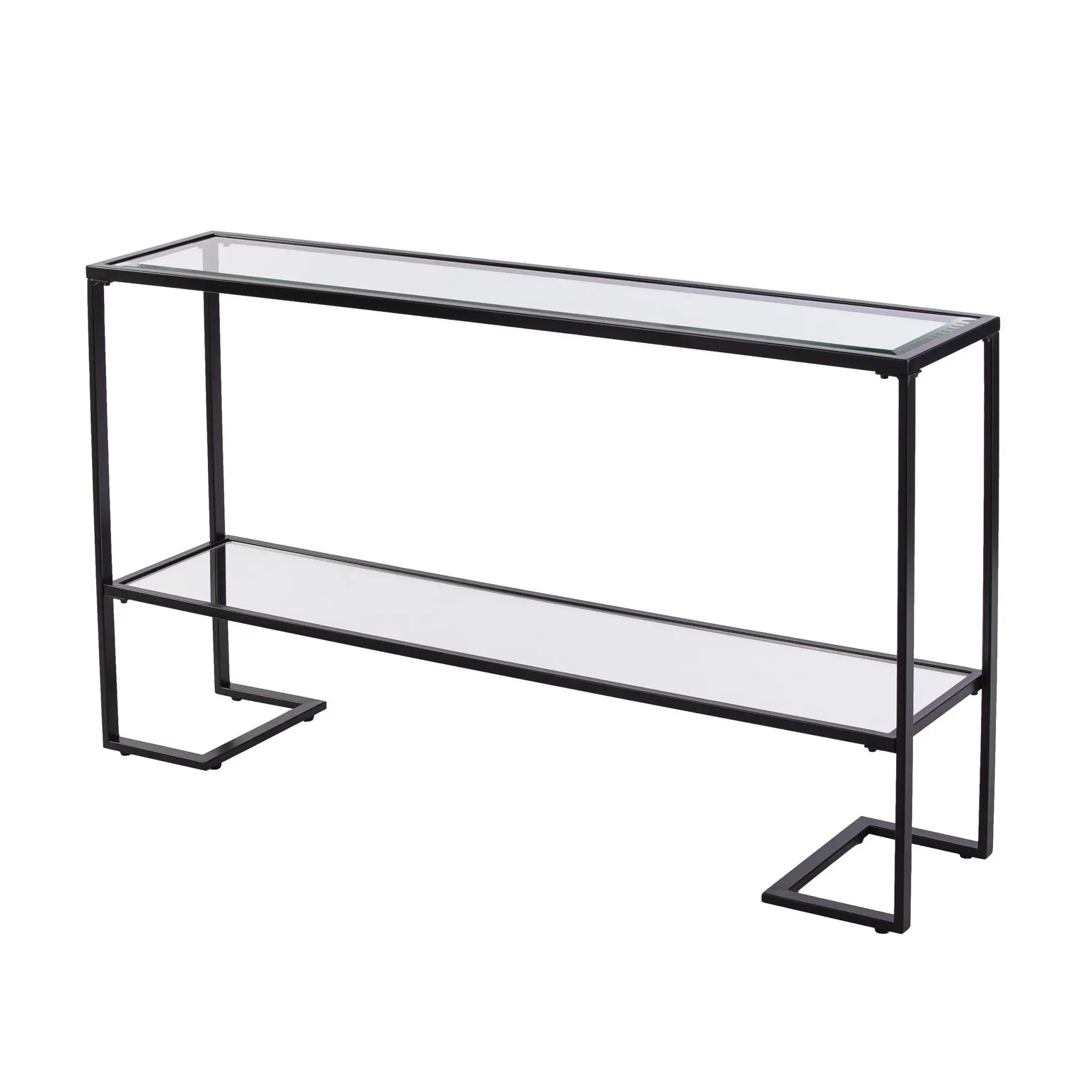 52" Clear and Black Glass Mirrored Sled Console Table With Shelves Homeroots Living Room