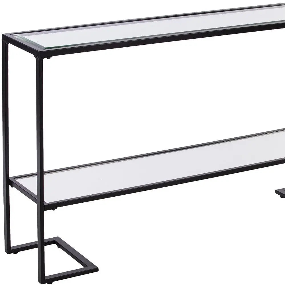 52" Clear and Black Glass Mirrored Sled Console Table With Shelves Homeroots Living Room