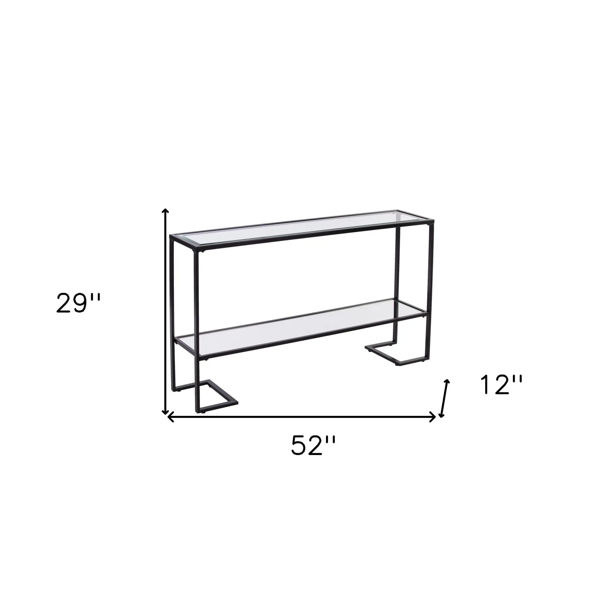 52" Clear and Black Glass Mirrored Sled Console Table With Shelves Homeroots Living Room