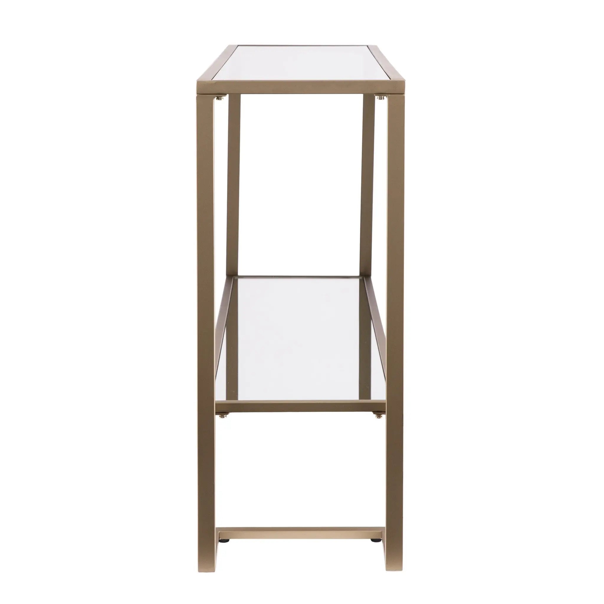 52" Clear and Gold Glass Mirrored Sled Console Table With Shelves Homeroots Living Room