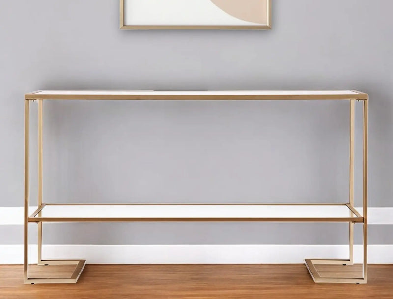 52" Clear and Gold Glass Mirrored Sled Console Table With Shelves Homeroots Living Room