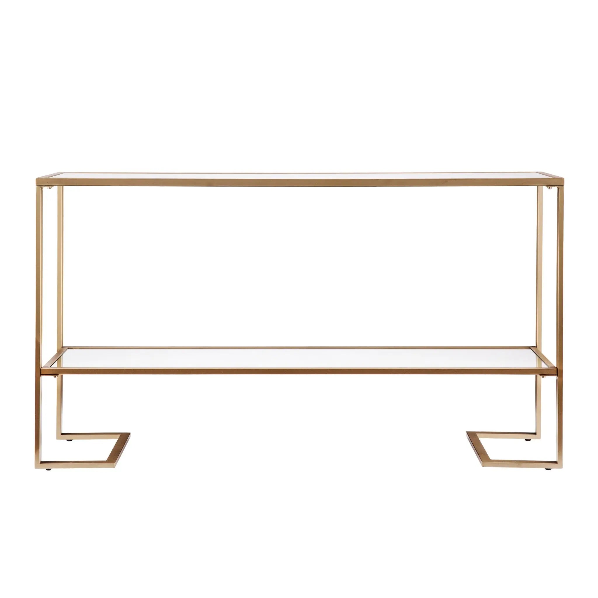52" Clear and Gold Glass Mirrored Sled Console Table With Shelves Homeroots Living Room
