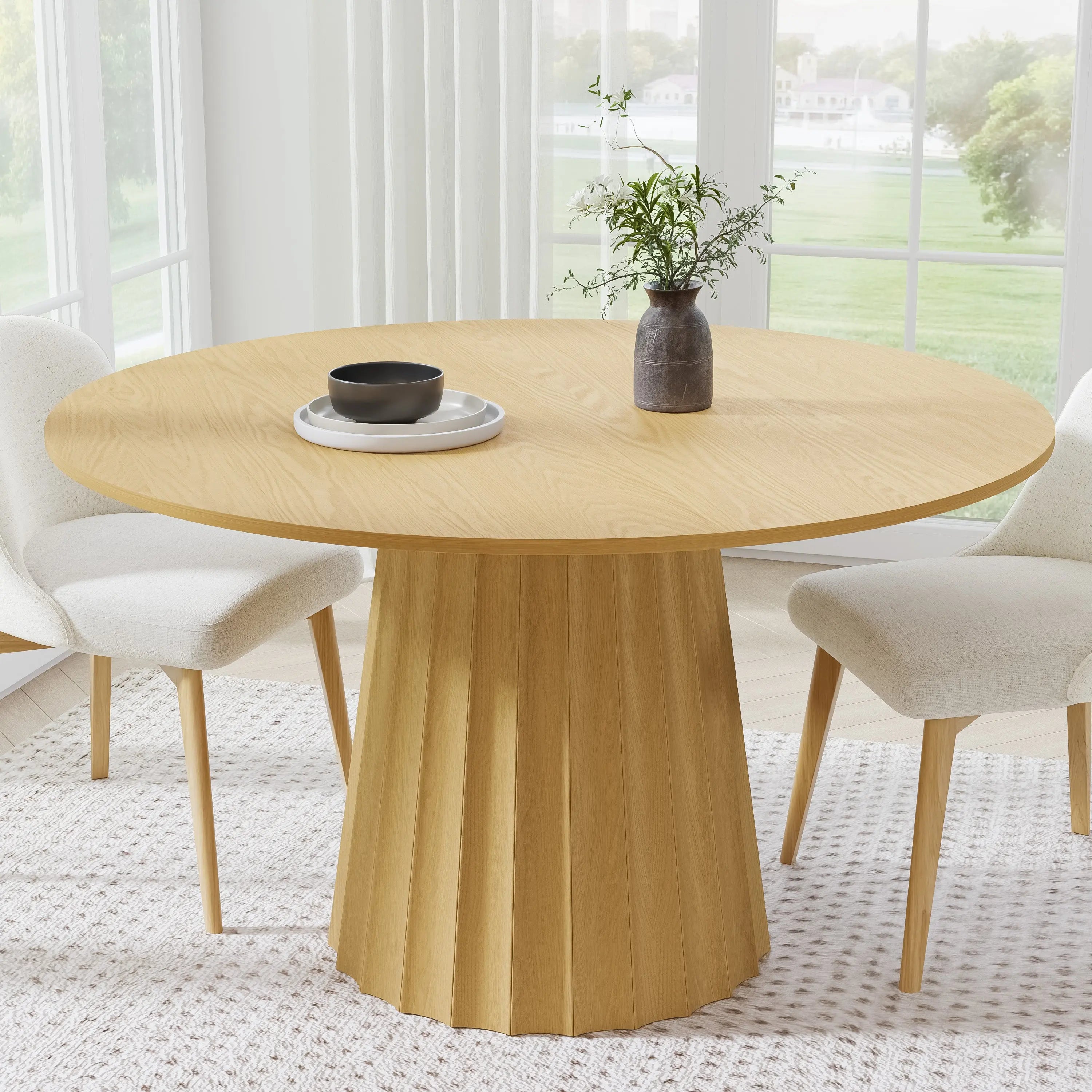 52" Natural Solid Wood Pedestal Base Round Top Dining Table Homeroots Kitchen & Dining